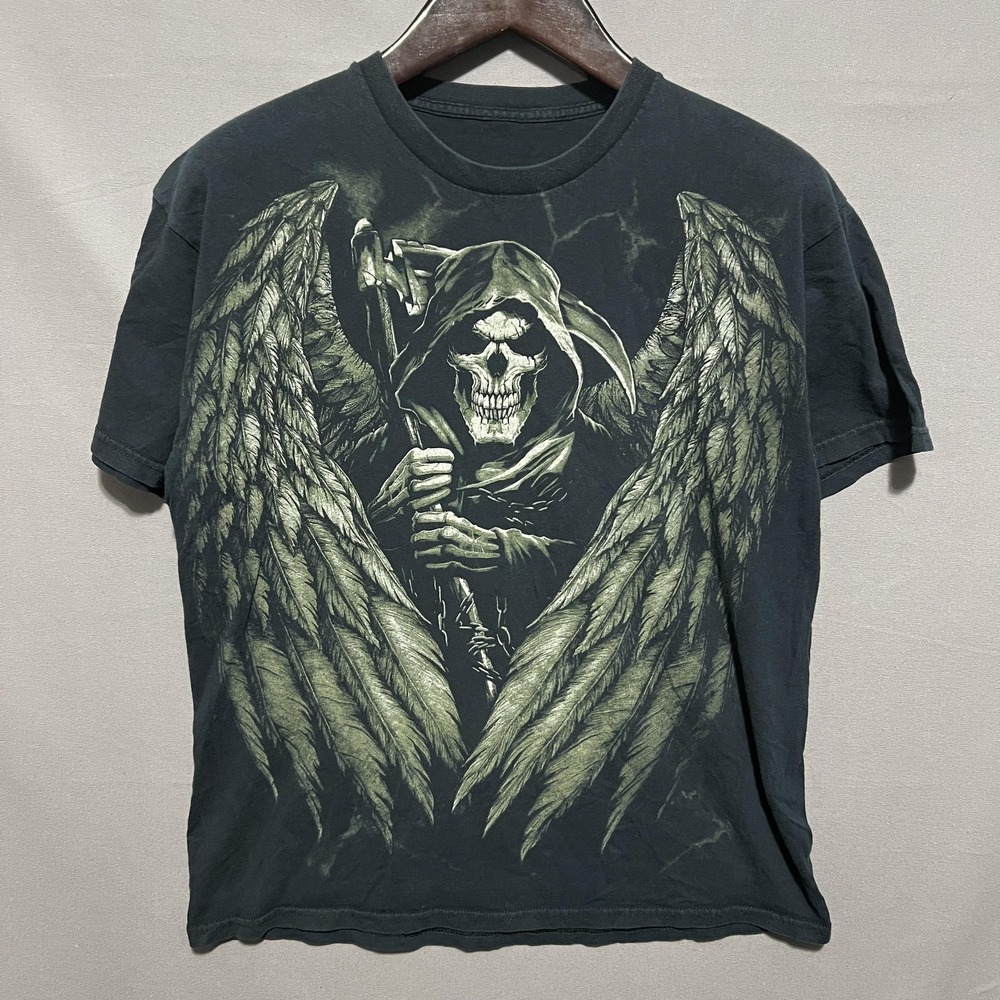 Grim Reaper Shirt Mens Large Black Gothic Skull Wings Graphic Tee T-Shirt